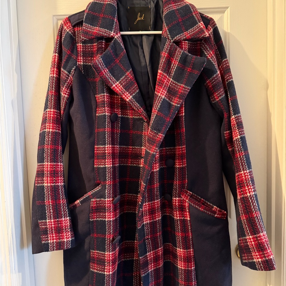 Jack by BB Dakota Red and Navy Plaid Trench Coat